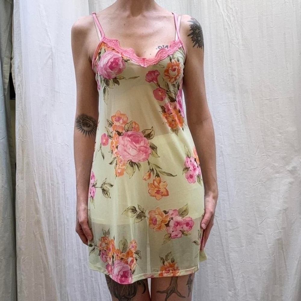 Light Green and Pink Floral Lace Mesh Nighty Slip Y2K Sexy Sheer Small Raver